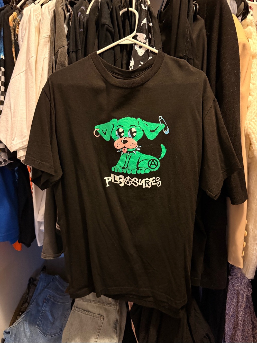 Pleasures Black Short-Sleeve Tee with Neon Green Puppy Graphic